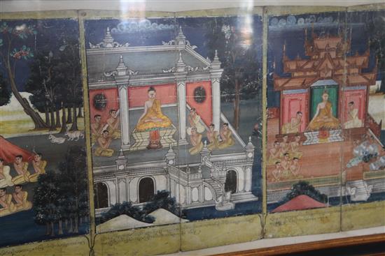 Burmese School Four panels depicting Buddha with attendants in various settings, conjoined with a script at the bottom, overall 21.5 x